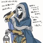  1girl alternate_costume android apex_legends arm_behind_head ash_(titanfall_2) black_sclera blue_capelet blue_leotard capelet colored_sclera fur-trimmed_capelet fur_trim hachigamoto holding holding_lantern hood hooded_capelet lantern leotard metal_skin simulacrum_(titanfall) sketch solo translation_request white_background yellow_eyes 