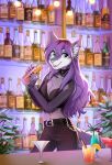  2022 5_fingers anthro blue_eyes breasts canid canine clothed clothing digital_media_(artwork) female fingers hair hi_res hihikori inner_ear_fluff mammal navel open_mouth purple_hair smile teeth tongue tuft 