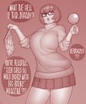  1girl breasts ekz_(robotekz) english_text freckles glasses holding holding_magazine holding_magnifying_glass huge_breasts magazine_(object) magnifying_glass open_mouth pleated_skirt scooby-doo skirt solo sweater tongue turtleneck turtleneck_sweater velma_dace_dinkley 