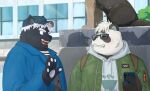  2022 anthro black_body canid canine cellphone clothing detailed_background duo eyes_closed eyewear giant_panda glasses hair hi_res hoodie humanoid_hands kemoniku120 kemono kokuba_hoeguro mammal outside overweight phone sasayama_akira sculpture shirt smartphone statue topwear ursid white_body white_hair 