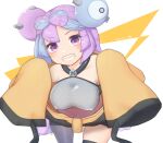  1girl bow-shaped_hair breasts character_hair_ornament gas_(anna112) grey_pantyhose hair_ornament hexagon_print highres iono_(pokemon) jacket large_breasts long_hair low-tied_long_hair multicolored_hair oversized_clothes pantyhose pink_eyes pink_hair pokemon pokemon_(game) pokemon_sv sharp_teeth shirt single_leg_pantyhose sleeveless sleeveless_shirt sleeves_past_fingers sleeves_past_wrists solo teeth twintails two-tone_hair very_long_hair yellow_jacket 