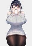  1girl absurdres bangs bare_shoulders black_hair blush breasts brown_pantyhose closed_eyes coffee_cup colored_inner_hair cup disposable_cup drinking grey_hair grey_sweater highres indie_virtual_youtuber large_breasts long_sleeves mashiro_(rikuya) medium_hair multicolored_hair off-shoulder_sweater off_shoulder pantyhose ribbed_sweater seiza shirasu_(mashiro_(rikuya)) sitting solo sweater thighband_pantyhose thighs 