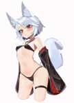  1girl absurdres animal_ears bangs bikini blush cropped_legs detached_sleeves fox_ears fox_girl fox_tail grey_hair halterneck highres long_sleeves looking_at_viewer myakuro navel original parted_bangs red_eyes short_hair skindentation sleeves_past_fingers sleeves_past_wrists solo swimsuit tail thick_eyebrows thigh_strap zipper 