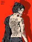  1boy absurdres back back_tattoo black_hair defaultz_17 eren_yeager green_eyes highres looking_at_viewer looking_back red_background shingeki_no_kyojin simple_background tattoo topknot 