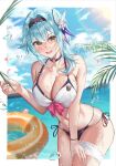  1girl alternate_costume bare_shoulders black_hairband blue_hair breasts brown_eyes cleavage collarbone commission eula_(genshin_impact) genshin_impact hair_between_eyes hairband hao_(mwhy4538) highres large_breasts looking_at_viewer medium_hair navel sideboob solo swimsuit wet 