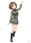  1girl alternate_costume anzio_military_uniform arm_up bangs belt black_belt black_footwear black_shirt boots brown_eyes brown_hair commentary_request dress_shirt full_body girls_und_panzer grey_jacket grey_skirt half-closed_eyes jacket long_sleeves looking_to_the_side looking_up maruyama_saki military military_uniform miniskirt parted_lips partial_commentary realeyes_mondogrosso shirt short_hair simple_background skirt solo standing standing_on_one_leg uniform white_background wing_collar 