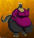  2019 absurd_res anthro belly big_breasts big_butt bottomwear bracelet breasts butt clothing dark_grey_hair dark_grey_scales digital_media_(artwork) dragon english_text eyeshadow female hi_res holding_object holding_spatula holding_tool horn horn_jewelry horn_ring huge_breasts huge_thighs if_hell_had_a_taste jewelry jupiter_fidchell kitchen_spatula kitchen_utensils makeup multicolored_body multicolored_scales navel_outline non-mammal_breasts obese obese_anthro obese_female overweight overweight_anthro overweight_female pants red_eyes ring_(jewelry) scales solo spatula sweater text thick_thighs tools topwear two_tone_body two_tone_scales url viroveteruscy yellow_body yellow_scales yellow_sclera 