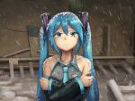  1girl :&lt; bangs blue_eyes blue_hair collared_shirt crossed_arms crying crying_with_eyes_open dated detached_sleeves digiral frown hatsune_miku highres husbant_(meme) long_hair long_sleeves looking_at_viewer meme necktie outdoors parody shirt sleeveless sleeveless_shirt snow snow_on_head snowing solo tears twintails very_long_hair vocaloid winter 