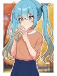  +_+ 1girl absurdres autumn bangs blue_eyes blue_hair blurry blurry_background blush chewing eating food hair_tie hatsune_miku highres holding holding_food kumada_gaon long_hair roasted_sweet_potato shirt_tucked_in skirt smile solo sparkle sweet_potato twintails vocaloid 