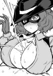  1boy 1girl blush breasts cleavage cum curly_hair ejaculation gloves hat kanno_takanori large_breasts long_sleeves mask medium_hair monochrome okumura_haru open_mouth paizuri persona persona_5 simple_background sweat white_background 