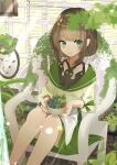  1girl absurdres bangs blush brown_hair chair cobblestone dress earrings green_eyes highres holding holding_plant jewelry kusunokimizuha light_rays looking_at_viewer moss original plant potted_plant short_hair sitting smile solo stone_floor succulent_plant sunlight water 