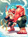  1boy 1girl absurdres anklet arched_back arms_up baggy_pants barefoot bearhug belt belt_buckle black_hair blue_hair bra buckle chain choker clenched_teeth colored_skin cracked_floor dougi facial_hair hakan highres jewelry karate_gi makoto_(street_fighter) md5_mismatch muscular muscular_male oil oiled pants quasimodox red_bra red_skin resolution_mismatch ribbon ribbon_choker short_hair simple_background source_smaller street_fighter street_fighter_iv_(series) sweat teeth tomboy underwear yellow_ribbon 