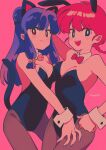  2girls animal_ears blush_stickers bow breasts bright_pupils cat_ears cat_tail highres leotard menma_(enaic31) multiple_girls open_mouth pink_background purple_hair rabbit_ears ranma-chan ranma_1/2 red_bow red_eyes red_hair shampoo_(ranma_1/2) simple_background tail white_pupils 