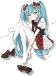  1girl :t absurdres bangs blue_eyes blue_hair blush bow brooch drawing_kanon frilled_bow frilled_skirt frills hair_bow hand_on_own_foot hatsune_miku headset highres jewelry loafers long_hair looking_to_the_side nail_polish neck_ribbon plaid plaid_bow puffy_short_sleeves puffy_sleeves ribbon shoe_dangle shoe_removed shoes short_sleeves skirt sleeve_cuffs solo thighhighs twintails very_long_hair vest vocaloid 