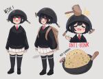  1girl :d absurdres backpack bag bangs black_hair black_sweater black_thighhighs blush bonk bowl bowl_hat breasts collared_shirt english_text fang food fried_rice grey_background hat highres holding holding_ladle ladle mallet melonbread miniskirt motion_lines multiple_views necktie original pleated_skirt red_eyes red_necktie shirt short_hair simple_background skindentation skirt small_breasts smile sweater thighhighs thighs white_shirt wok zettai_ryouiki 