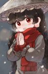  1girl ajirogasa black_hair blush braid buttons dress fringe_trim grey_dress hat long_earlobes long_hair long_sleeves open_mouth red_eyes red_scarf scarf smile solo touhou twin_braids uisu_(noguchipint) upper_body yatadera_narumi 