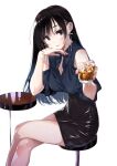  1girl black_hair black_skirt blue_shirt breasts crossed_legs cup drinking_glass ear_piercing feet_out_of_frame highres holding holding_cup jewelry long_hair looking_at_viewer medium_breasts miyajima_reiji necklace original piercing purple_eyes shirt short_sleeves simple_background sitting skirt smile solo table white_background 