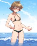  1girl ^^^ absurdres bikini blush breasts brown_hair commission fish green_bikini highres navel nipple_slip nipples oversized_breast_cup pidge_gunderson popopoka short_hair small_breasts solo standing sweat swimsuit voltron:_legendary_defender voltron_(series) wading wide-eyed 