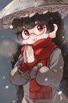  1girl ajirogasa bespectacled black_hair blush braid buttons dress fringe_trim glasses grey_dress hat long_earlobes long_hair long_sleeves open_mouth red-framed_eyewear red_eyes red_scarf round_eyewear scarf smile solo touhou twin_braids uisu_(noguchipint) upper_body yatadera_narumi 