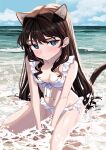  1girl animal_ears barefoot bikini bikini_skirt blue_eyes blush breasts brown_hair cat_ears cat_tail closed_mouth elisia_valfelto frilled_bikini frills front-tie_bikini_top front-tie_top highres long_hair looking_at_viewer luicent navel ocean original side-tie_bikini_bottom sitting small_breasts solo swimsuit tail wariza wet white_bikini 