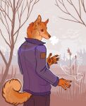  anthro bluekiwi101 bottomwear branch breath brown_eyes brown_nose canid canine canis clawed_fingers claws clothed clothing coat cold digital_media_(artwork) domestic_dog exhaling fur hair hi_res male mammal orange_body orange_fur outline outside pawpads plant snow solo topwear tree winter winter_clothing winter_coat 