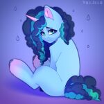  afro blue_background blue_body blue_fur blue_hair blue_hooves blue_tail digital_media_(artwork) equid equine eyebrows female feral fur green_eyes hair hasbro hi_res hooves horn mammal misty_(g5) mlp_g5 multicolored_hair my_little_pony sad simple_background sitting solo two_tone_hair two_tone_tail unicorn unicorn_horn villjulie 