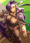  1girl aduti_momoyama arm_ribbon armband armor belt breasts bridal_gauntlets cleavage closed_mouth collarbone dress eyepatch fingernails fire_emblem fire_emblem:_new_mystery_of_the_emblem fire_emblem_heroes from_above gladiator_sandals headband highres holding holding_sword holding_weapon large_breasts legs_apart long_hair malice_(fire_emblem) over_shoulder pauldrons pelvic_curtain purple_armband purple_armor purple_belt purple_dress purple_eyes purple_footwear purple_hair purple_ribbon ribbon sandals shoulder_armor side_slit single_pauldron sketch smile solo standing strapless strapless_dress sword weapon weapon_over_shoulder white_bridal_gauntlets white_headband 
