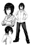  1girl breasts collared_shirt crossed_arms frown greyscale hands_on_hips highres imagawa_akira medium_breasts medium_hair monochrome multiple_views original pants shirt smile untucked_shirt 