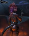  anthro blue_eyes butt clothing divinity:_original_sin_2 eisekil female fin furgonomics genitals glistening glistening_body glistening_scales gloves handwear harness head_fin hi_res human lizard lizard_(divinity) looking_at_viewer looking_back looking_back_at_viewer mammal mostly_nude pussy rear_view reptile scales scalie solo 