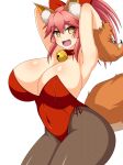  1girl @_@ animal_ear_fluff animal_ears animal_hands arm_up armpits arms_behind_head bell breasts cat_paws collar covered_navel curvy fangs fate/grand_order fate_(series) fishnet_pantyhose fishnets fox_ears fox_girl fox_tail gloves highres jingle_bell large_breasts leotard looking_at_viewer neck_bell pantyhose paw_gloves pink_hair playboy_bunny plump ponytail presenting_armpit red_leotard red_ribbon ribbon simple_background solo space_gorilla strapless tail tamamo_(fate) tamamo_cat_(fate) white_background 