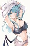  1girl aqua_eyes armpits arms_up bangs blue_hair bra breasts cleavage clothes_lift cowboy_shot dragon_girl elira_pendora english_text fang from_above hair_ornament head_wings heterochromia highres large_breasts long_hair looking_at_viewer low_wings midriff mole mole_on_breast navel nijisanji nijisanji_en oimo_0imo open_mouth purple_eyes short_shorts shorts simple_background skin_fang solo sweater sweater_lift swept_bangs underwear undressing virtual_youtuber white_background white_sweater wings x_hair_ornament 