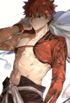  1boy bare_shoulders black_pants bracelet cape closed_mouth emiya_shirou fate/grand_order fate_(series) highres jewelry male_focus maru37092 orange_eyes orange_hair ornament pants senji_muramasa_(fate) short_hair solo stomach white_background white_cape 