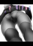  1girl ass ass_focus from_behind from_below greyscale highres letterboxed long_sleeves monochrome noto_kurumi original panties simple_background solo standing thighhighs translation_request underwear white_background 