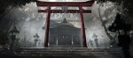  absurdres architecture building commentary east_asian_architecture english_commentary fog geralt7 highres no_humans rope scenery shimenawa stairs stone_lantern tagme temple torii touhou tree 