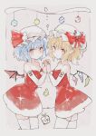  2girls alternate_costume arm_warmers artist_name backless_dress backless_outfit bangs bat_wings blonde_hair blue_hair bow breasts christmas christmas_ornaments christmas_tree cleavage closed_mouth commentary_request cropped_legs crystal dress flandre_scarlet gift hat hat_bow hat_ribbon highres holding_hands looking_at_viewer medium_hair mob_cap multiple_girls niseneko_(mofumofu_ga_ienai) pointy_ears pom_pom_(clothes) red_bow red_dress red_ribbon remilia_scarlet ribbon siblings sisters smile snowman_hat_ornament thighhighs touhou white_headwear white_thighhighs wings 