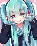  1girl :d bangs blue_eyes blue_hair blush collared_shirt fingernails hatsune_miku headphones highres holding holding_hair koyubisennti long_fingernails long_hair long_sleeves looking_at_viewer nail_polish necktie open_mouth power_symbol-shaped_pupils shirt smile solo sweater twintails vocaloid 