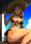  1girl aduti_momoyama beach_umbrella bikini black_bikini black_bow blue_sky bow bow_bikini breasts brown_bow cleavage cloud collarbone day fire_emblem fire_emblem:_three_houses fire_emblem_heroes front-tie_bikini_top front-tie_top grey_eyes hair_bow hand_on_headwear hand_up hat large_breasts light_brown_hair long_hair looking_at_viewer mercedes_von_martritz navel ocean official_alternate_costume open_mouth outdoors sagging_breasts sarong see-through sitting sky smile solo straw_hat striped striped_bow swimsuit thighs umbrella water yellow_headwear 