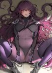  1girl bangs blush bodysuit commentary_request covered_navel damda fate/grand_order fate_(series) hair_intakes high_heels highres long_hair looking_at_viewer lying on_back on_floor open_mouth purple_bodysuit purple_hair red_eyes scathach_(fate) skindentation smile solo spread_legs thighs 