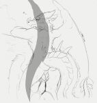  &lt;3 2022 anthro backsack ball_fondling balls biped blush dragon duo excalibur_(zerofox) fellatio female fondling genitals giles_(zerofox1000) half-lidded_eyes hand_on_balls hi_res holding_balls horn implied_oral male male/female monochrome nude oral penile scalie sex signature sitting smile standing western_dragon wings zerofox1000 