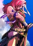  1girl aduti_momoyama arm_ribbon bare_shoulders belt blue_sky breasts brown_dress closed_mouth cloud cowboy_shot day dress eyepatch fire_emblem fire_emblem:_new_mystery_of_the_emblem fire_emblem_heroes grey_belt headband highres large_breasts long_hair malice_(fire_emblem) outdoors pelvic_curtain pink_eyes pink_hair purple_armband purple_ribbon ribbon sheath side_slit sketch sky smile solo standing strapless strapless_dress sword weapon white_headband 