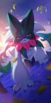  1girl all_fours bed blurry blurry_background breasts claws crawling furry furry_female green_fur highres inuki_(aruurara) leaf looking_at_viewer mask meowscarada pink_eyes pokemon pokemon_(creature) slit_pupils solo two-tone_fur 