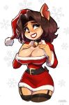  2022 activision alyssa_bandicoot_(oc) anthro bandicoot beauty_mark bell bell_collar belt big_breasts breasts brown_hair christmas christmas_clothing christmas_headwear cleavage clothed clothing collar costume crash_bandicoot_(series) eyebrows eyelashes fan_character female fur garter_straps hair hat headgear headwear hi_res holidays legwear lipstick magaska19 makeup mammal marsupial notched_ear santa_costume santa_hat smile solo stockings tan_body tan_fur video_games 