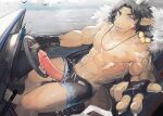  abs ambient_bird anthro athletic athletic_anthro athletic_male avian big_penis bird blue_eyes car claws dragon erection genitals glans hair hi_res horn inside_car kiyosan male pecs penis penis_through_leghole poking_out solo_focus steering_wheel vehicle vein veiny_penis 