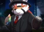  2022 ailurid anthro biped clothing detailed_background eyewear gun hi_res humanoid_hands inugamihito kemono lifewonders mammal necktie night outside ranged_weapon red_body red_panda shirt solo suit sunglasses tokyo_afterschool_summoners topwear video_games weapon white_body zhurong_(tas) 