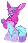 absurd_res anthro aurora_prime_(artist) bat_hybrid bottomless clothed clothing colorful_fur female genitals hair hi_res niki_(aurora_prime) pink_clothing pink_sweater pink_topwear pussy smile solo sweater topwear 