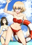  2girls aged_up arm_up bangs bare_shoulders bikini black_hair blank_eyes blonde_hair blue_eyes blue_sky bob_cut bow bow_bikini breasts cleavage cloud cloudy_sky commentary day fang frown girls_und_panzer gloom_(expression) groin highres holding holding_innertube innertube katyusha_(girls_und_panzer) leaning_forward long_hair looking_at_another looking_back medium_hair multiple_girls navel nonna_(girls_und_panzer) omachi_(slabco) open_mouth outdoors red_bikini short_hair side-tie_bikini_bottom sky smile standing strapless strapless_bikini swept_bangs swimsuit waving white_bikini 