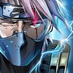  1boy black_headband blue_background close-up electricity green_jacket grey_hair hatake_kakashi headband high_collar jacket looking_at_viewer male_focus mask mouth_mask naruto_(series) nike nose_piercing one_eye_closed piercing red_eyes reskdstroy scar scar_across_eye sharingan solo v-shaped_eyebrows 