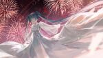  1girl absurdly_long_hair absurdres aerial_fireworks closed_eyes closed_mouth dress facing_viewer fireworks floating_hair hair_between_eyes hair_ribbon hatsune_miku highres long_dress long_hair long_sleeves red_ribbon red_sky ribbon rsef see-through see-through_sleeves sky solo spread_legs twintails very_long_hair vocaloid white_dress 