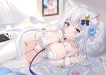  1girl absurdres animal_collar animal_ear_fluff animal_ears bare_shoulders belt blue_eyes blurry blurry_background breasts bustier cat_ears cat_tail chest_belt cleavage collar collarbone fur_trim garter_straps grey_hair highres kurashina_yuzuki large_breasts leash long_hair looking_at_viewer lying on_side original panties pillow solo tail thighhighs underwear viewer_holding_leash white_hair white_thighhighs 