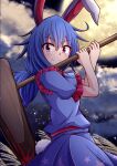 1girl ambiguous_red_liquid animal_ears aospanking bloomers blue_dress blue_hair crescent dress earclip kine mallet moon_rabbit rabbit_ears red_eyes seiran_(touhou) solo star_(symbol) touhou underwear 